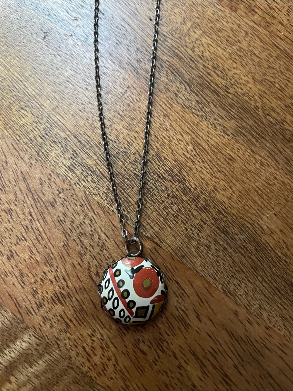 Orange, White & Black Floral Enamel Pendant Necklace